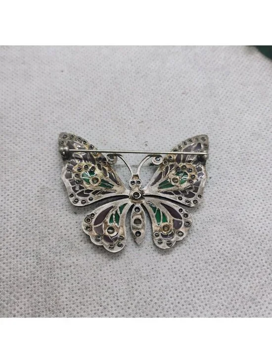 Vtg Plique a Jour Enamel & Marcasite Butterfly Brooch Pin Green Lavender - READ - Picture 7 of 8